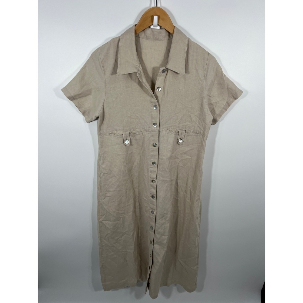 Womens Maxi Dress L Beige Collar Button Neutral Capsule Minimalist Lagenlook